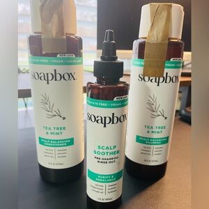 Soapbox Tea Tree & Mint Hair Care Set. Shampoo/Conditioner 16oz Scalp Treat 5oz